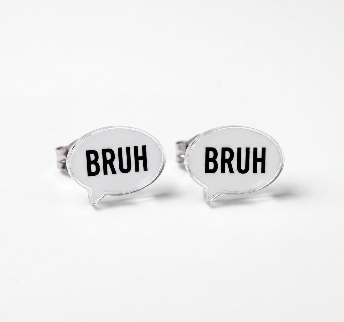 Doodlations Coffee Bar & Boutique speech bubble stud earrings featuring the word BRUH in black text on white