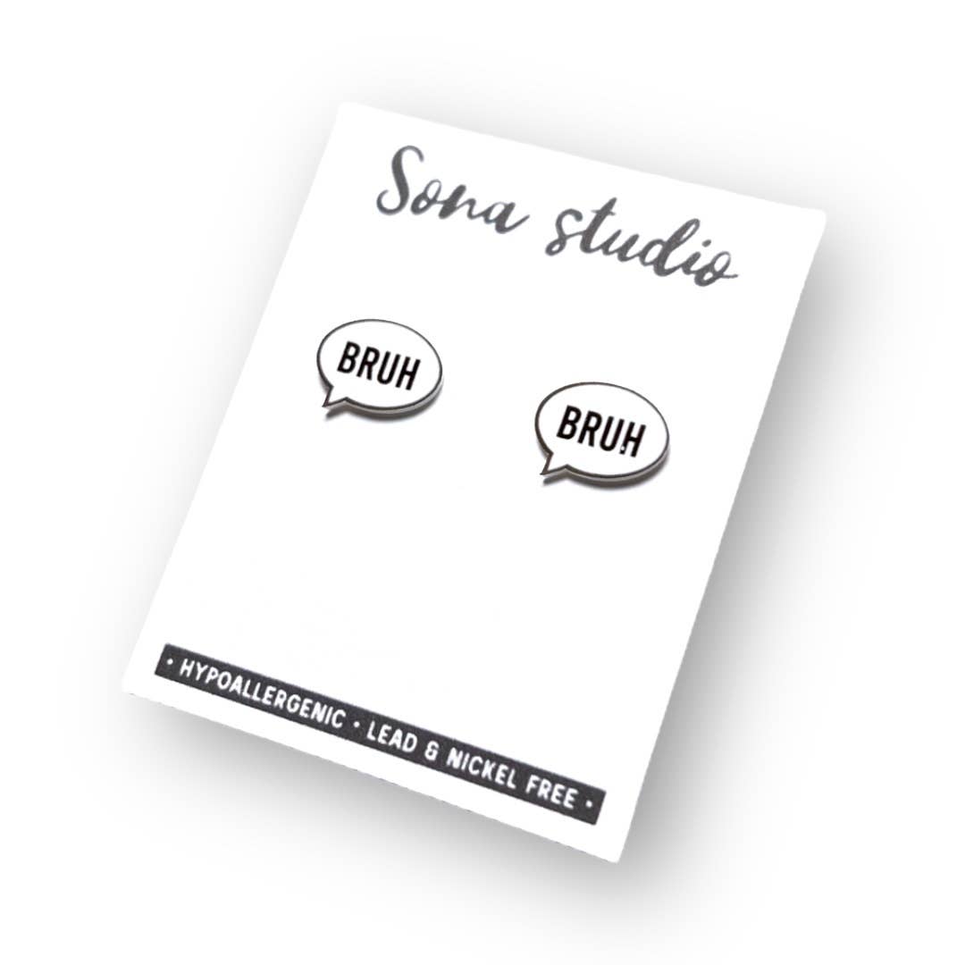 Doodlations Coffee Bar & Boutique Sona studio speech bubble stud earrings with BRUH text in black and white