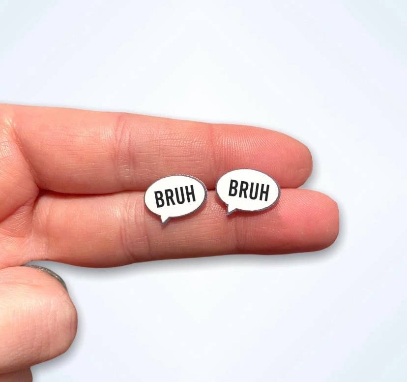 Doodlations Coffee Bar & Boutique speech bubble stud earrings featuring the word BRUH in black and white