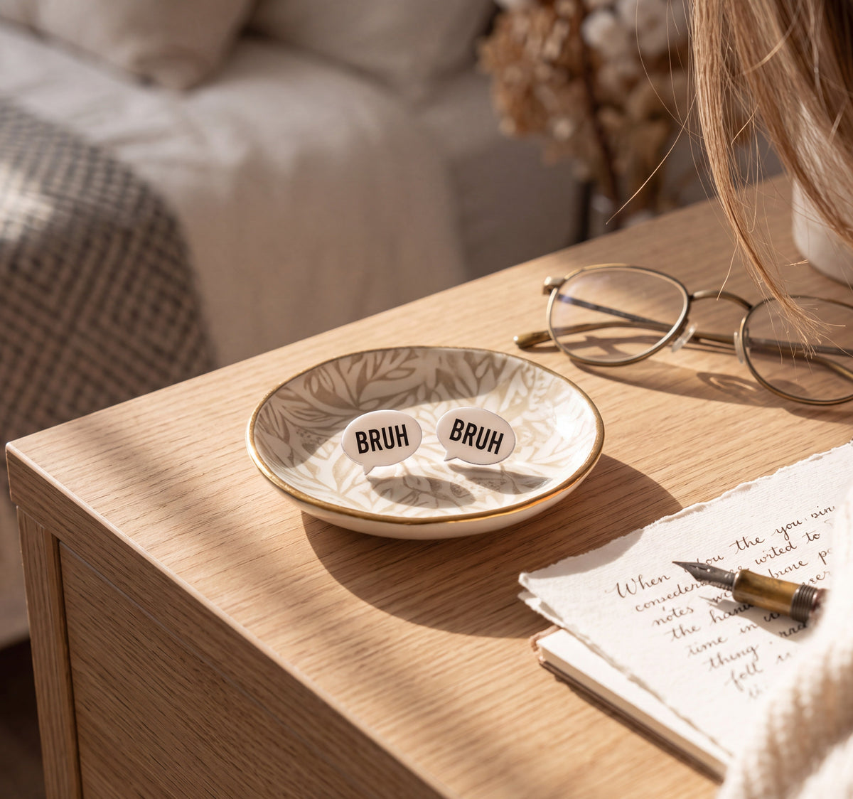 Doodlations Coffee Bar & Boutique speech bubble stud earrings with BRUH text in a decorative ceramic dish