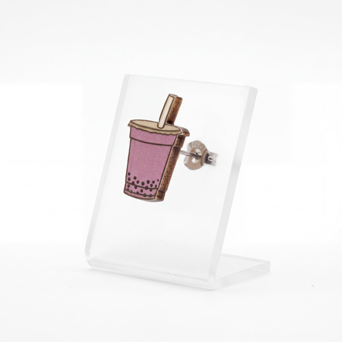 Doodlations Coffee Bar & Boutique handmade bubble tea stud earring with pink plastic cup and titanium post