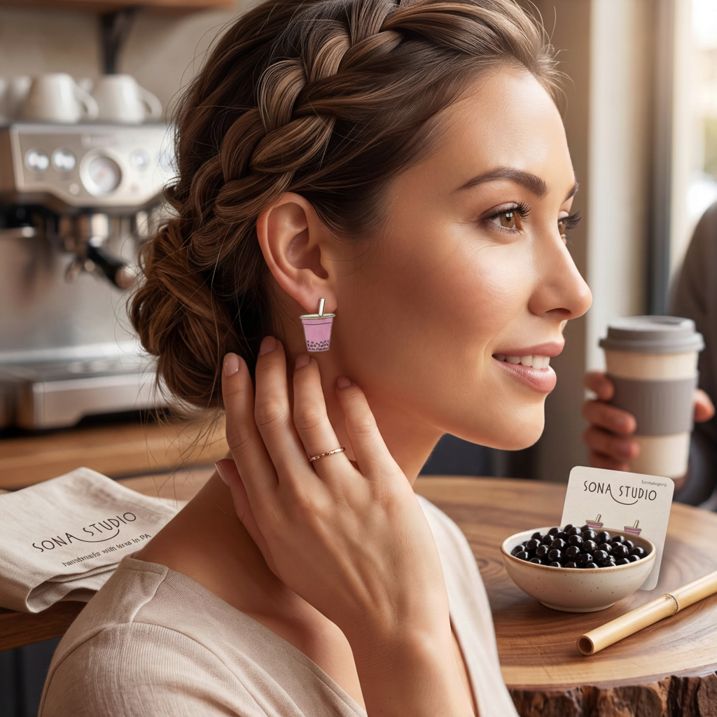 Doodlations Coffee Bar & Boutique handmade bubble tea earrings worn by a woman with a braided hairstyle.