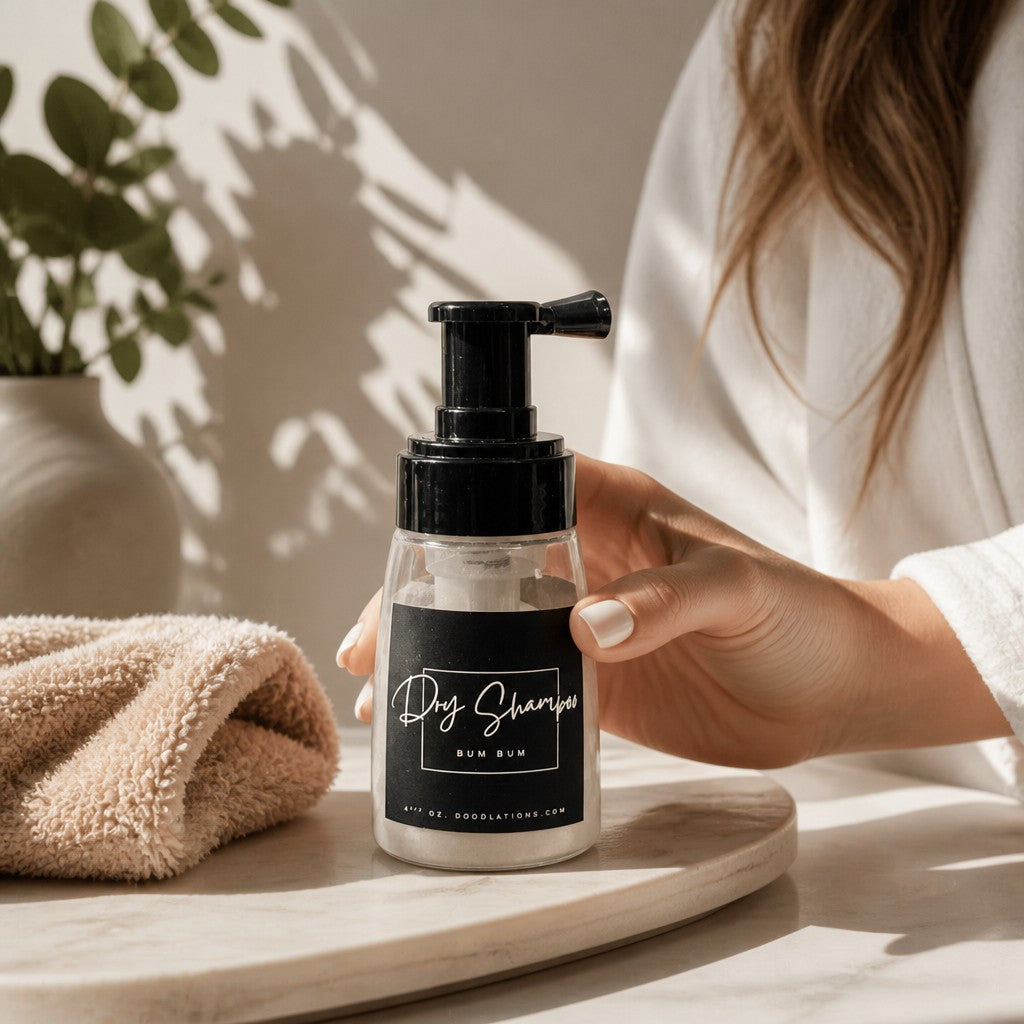 Doodlations Coffee Bar & Boutique Bum Bum dry powder shampoo in a pump bottle held by a woman in a white robe.