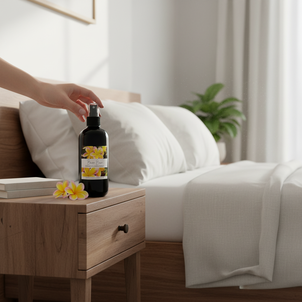 Doodlations Coffee Bar & Boutique Bum Bum room and linen spray bottle on a wooden nightstand in a cozy bedroom.