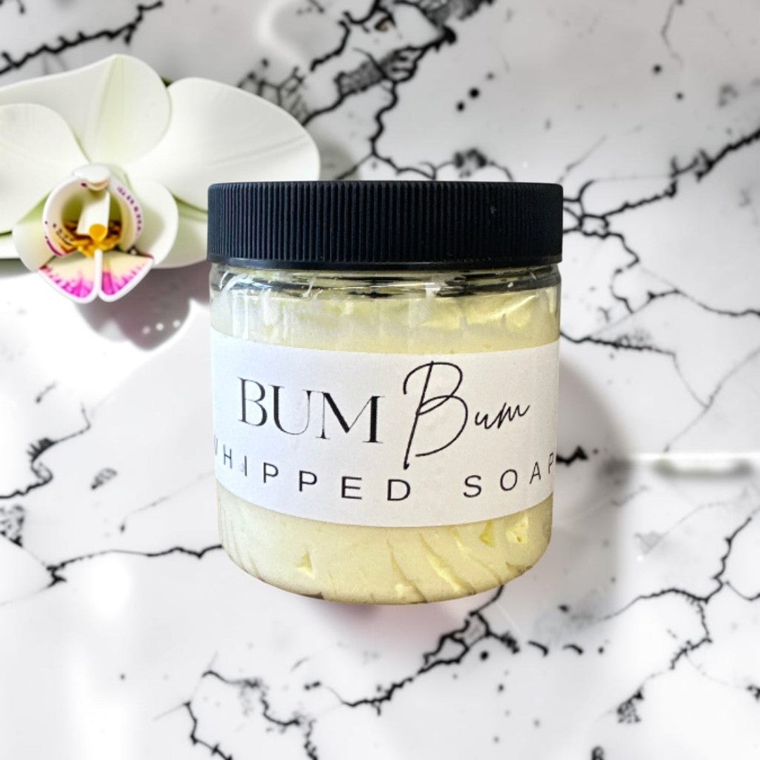 Doodlations Coffee Bar & Boutique Bum Bum Whipped Soap in a 4oz jar with a black lid and tropical scent.