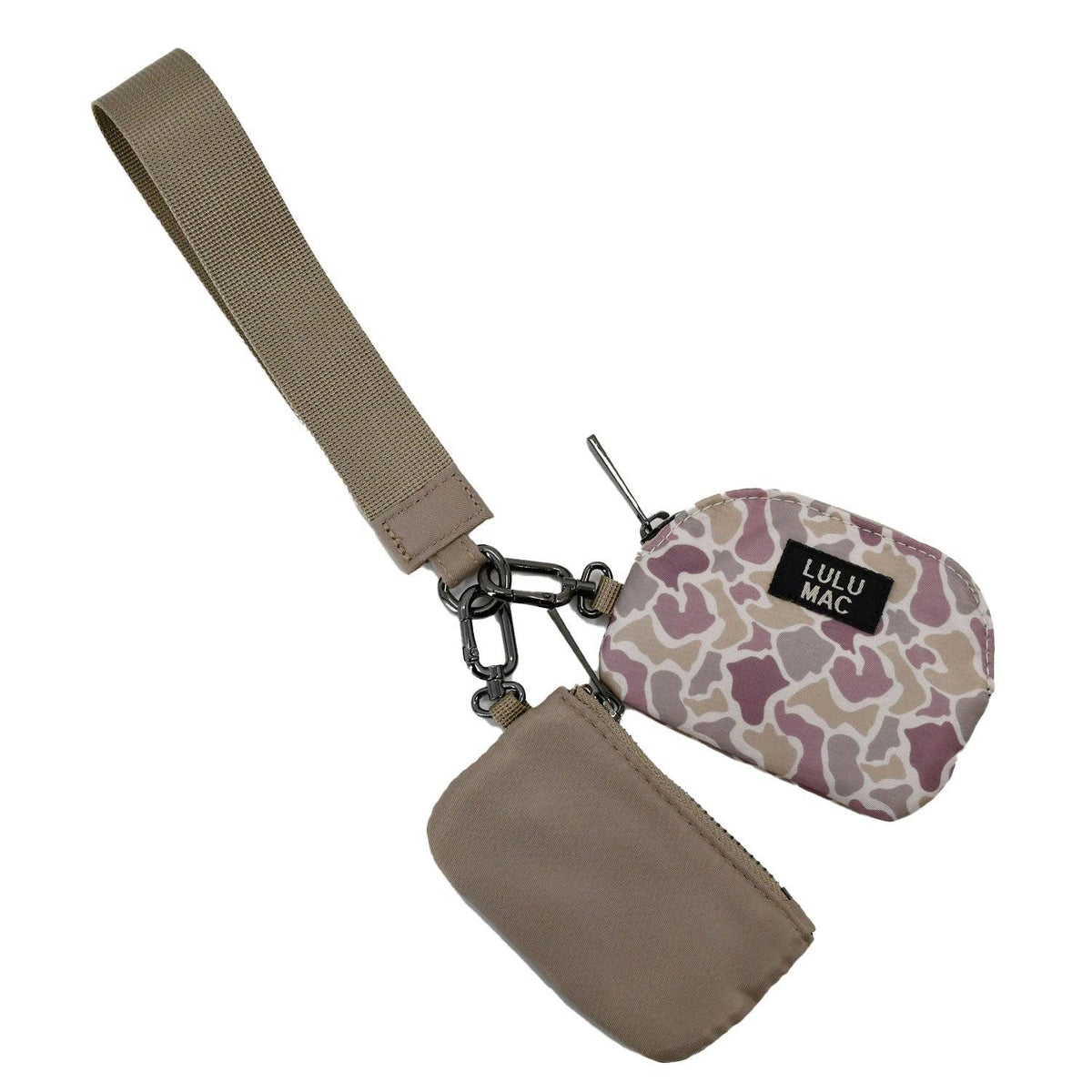 Doodlations Coffee Bar & Boutique Lulu Mac double pouch wristlet in camo and beige with a matching wrist strap.