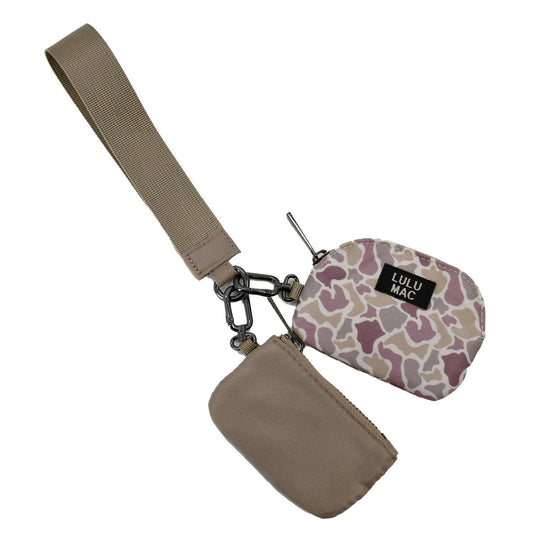 Doodlations Coffee Bar & Boutique Lulu Mac double pouch wristlet in camo and beige with a matching wrist strap.