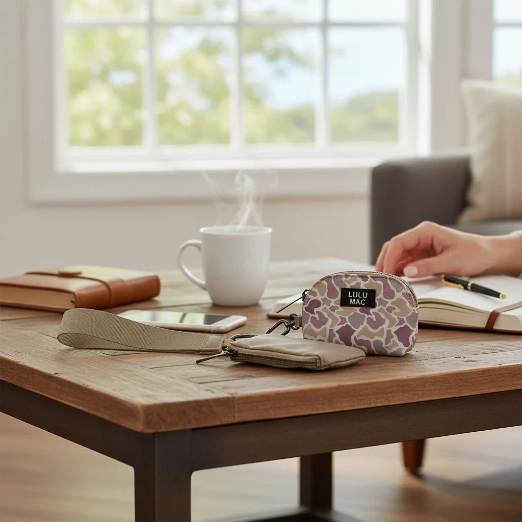 Doodlations Coffee Bar & Boutique Lulu Mac double pouch wristlet in camo and beige on a wooden table.