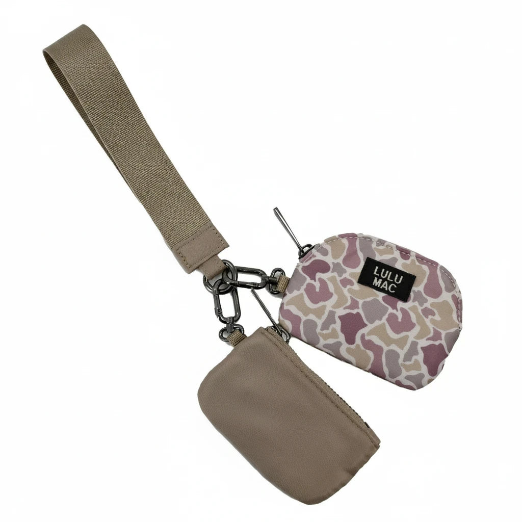 Doodlations Coffee Bar & Boutique Lulu Mac double pouch wristlet in camo and beige with a matching wrist strap
