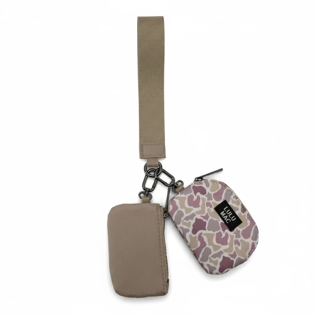 Doodlations Coffee Bar & Boutique Lulu Mac double pouch wristlet in camo and beige with a matching wrist strap