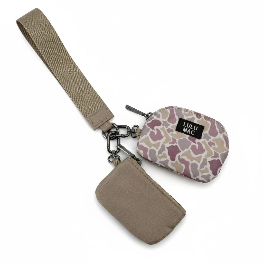 Doodlations Coffee Bar & Boutique Lulu Mac double pouch wristlet in camo print and solid beige with a wrist strap.