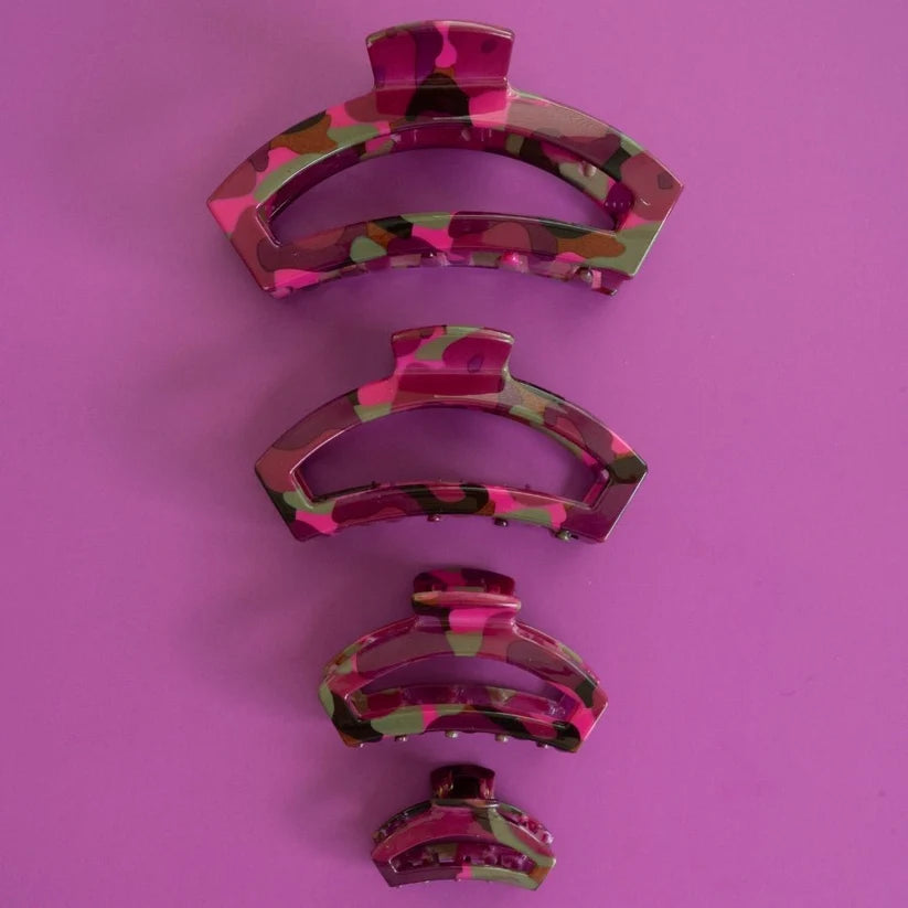 Doodlations Coffee Bar & Boutique Teletties Garden Glam open claw hair clips in a multi-coloured camouflage pattern.