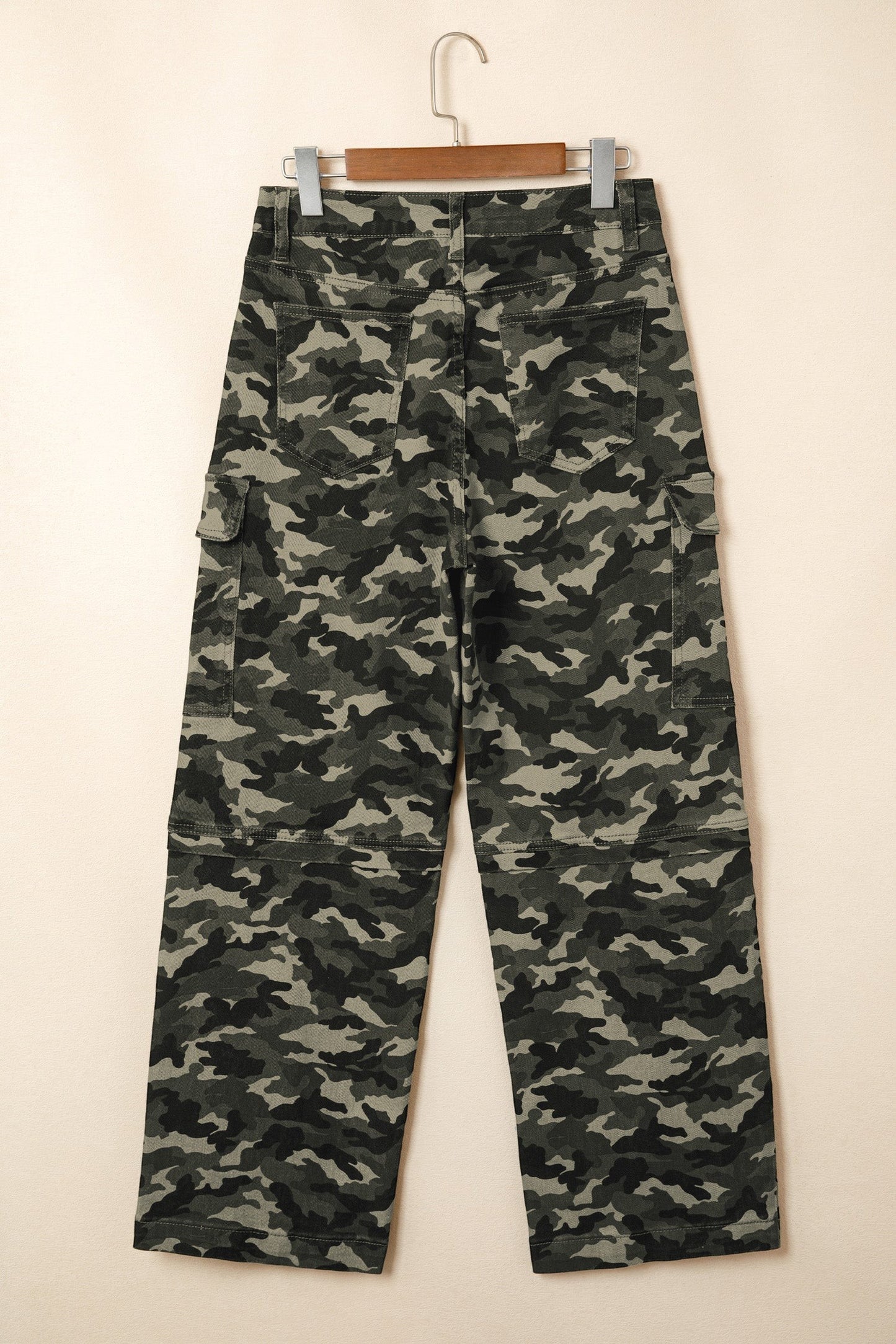 Doodlations Coffee Bar & Boutique women's camouflage cargo pants with utility pockets and a relaxed fit.
