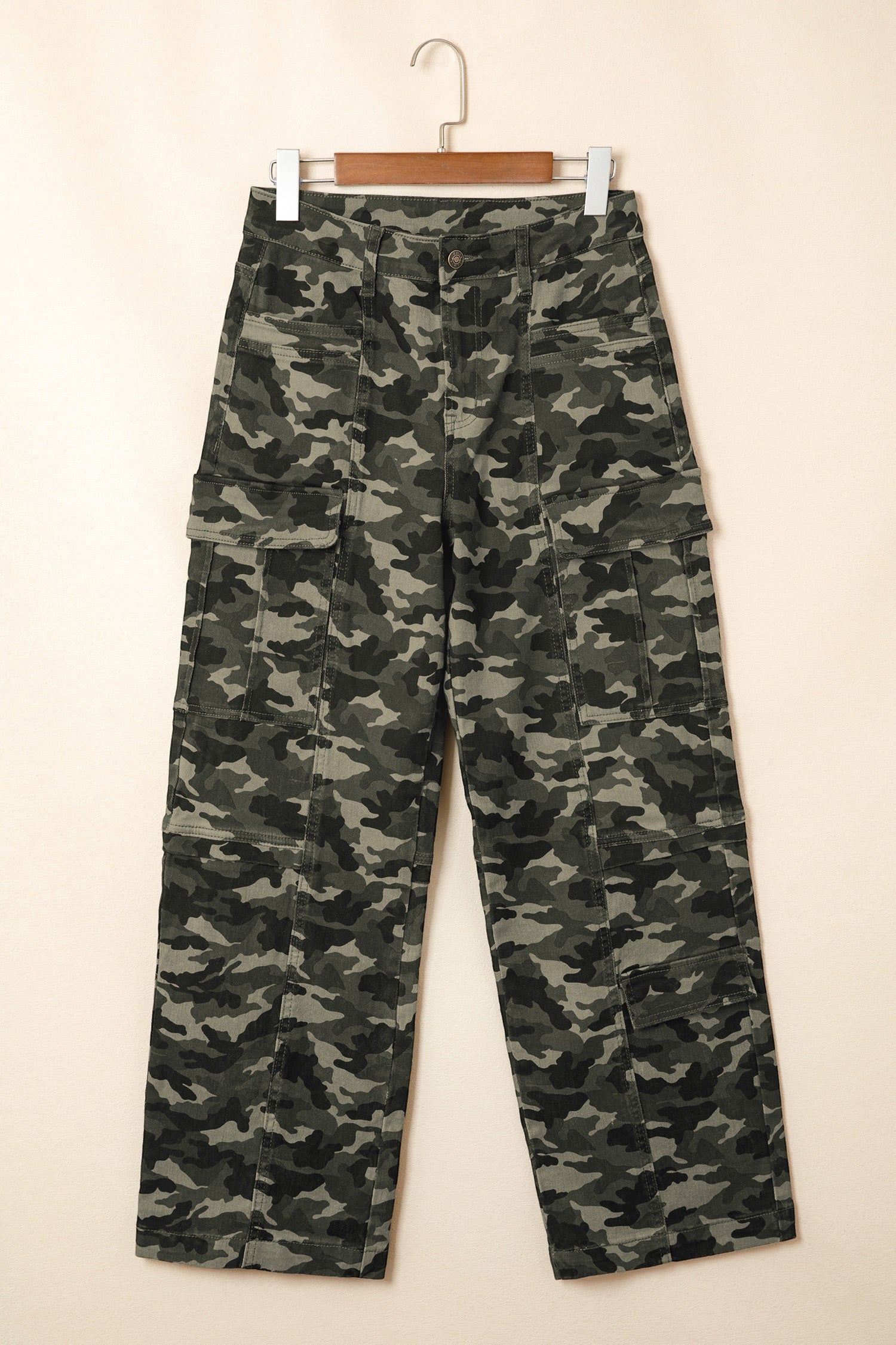Doodlations Coffee Bar & Boutique women's camouflage cargo pants with utility pockets and a relaxed fit.