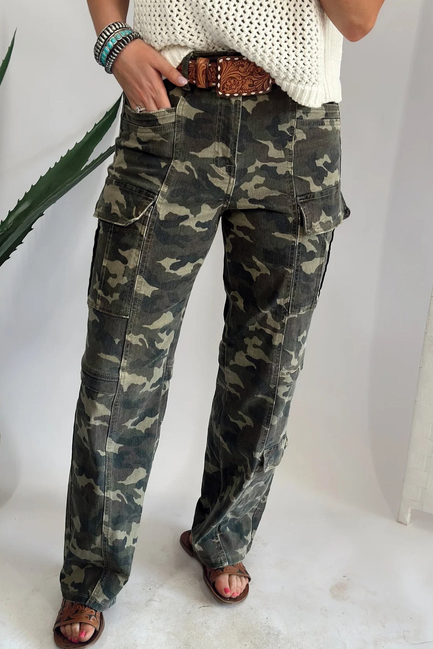 Doodlations Coffee Bar & Boutique women's camouflage utility cargo pants with multiple pockets and a relaxed fit