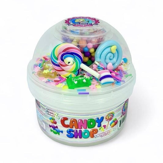 Doodlations Coffee Bar & Boutique Candy Shop Snow Butter Texture Slime with colorful candy charms and lollipops.