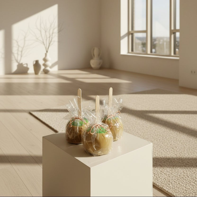 Doodlations Coffee Bar & Boutique Caramel Apple Wax Melt, a set of three caramel-covered apples with green tops and wooden sticks, individually wrapped in clear plastic.