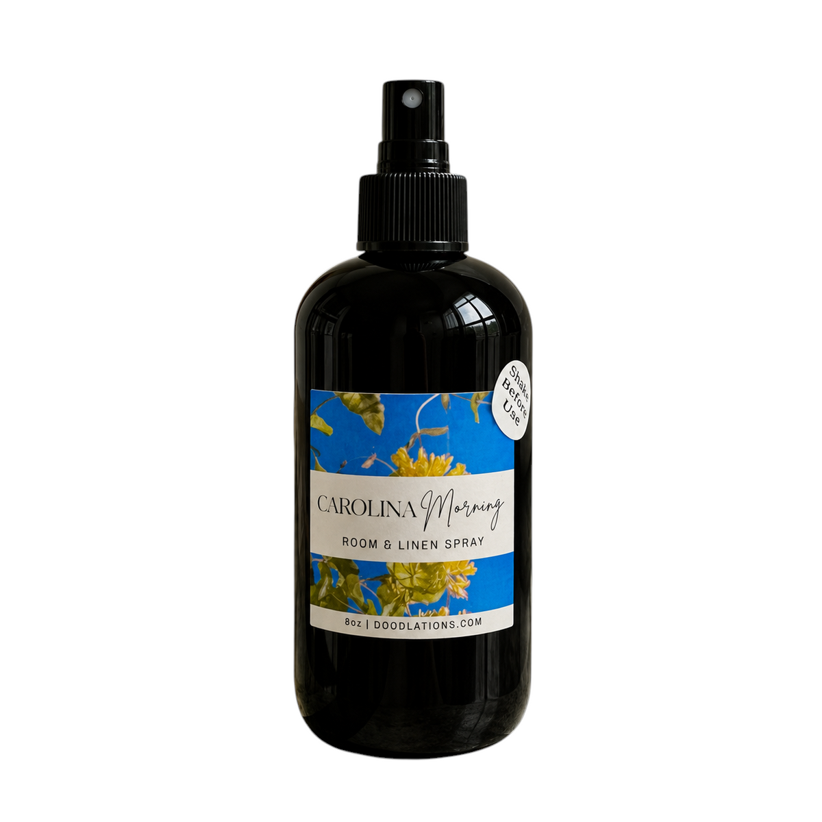 Doodlations Coffee Bar & Boutique Carolina Morning room and linen spray in a black bottle with floral label