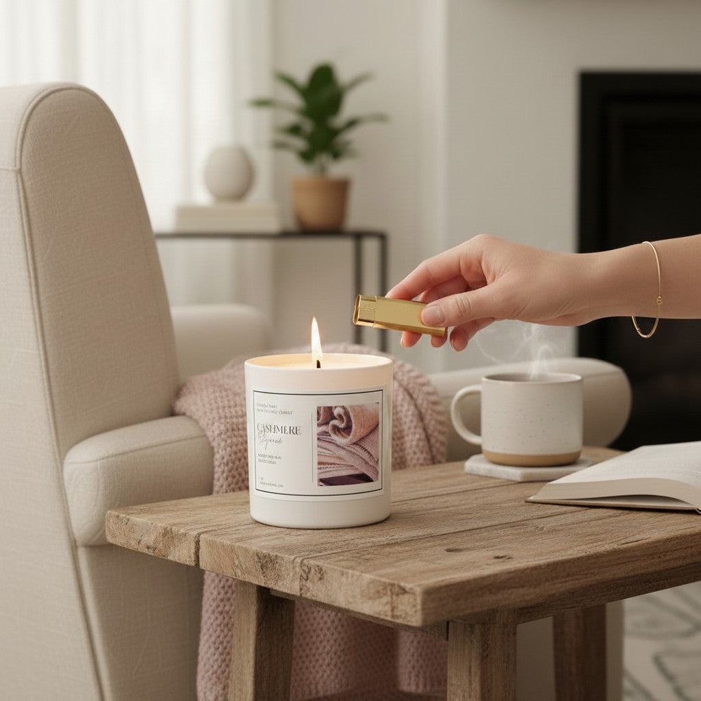 Doodlations Coffee Bar & Boutique Cashmere Elegance candle being lit on a rustic wooden table in a cozy living room.