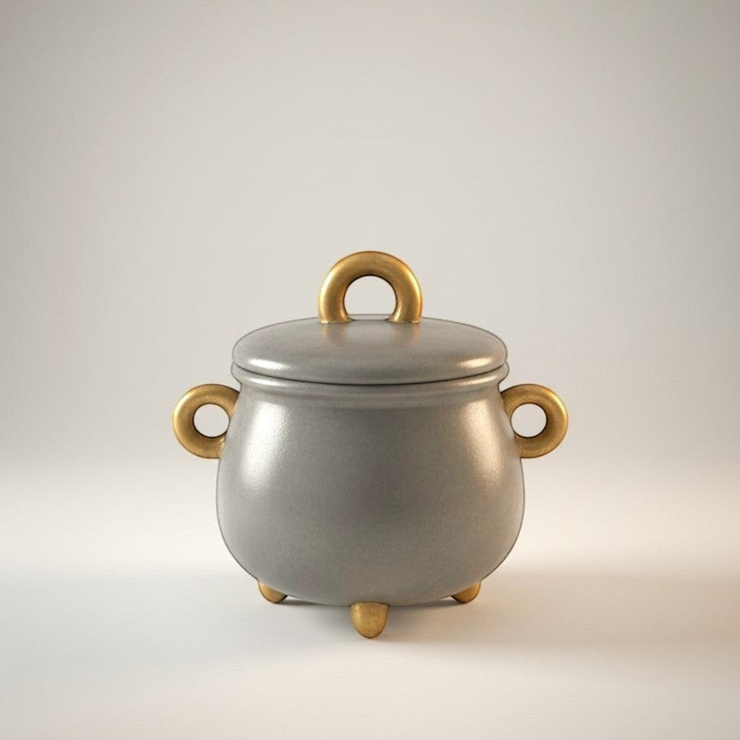 Doodlations Coffee Bar & Boutique cauldron concrete candle with gold handles and feet, 8oz soy blend.