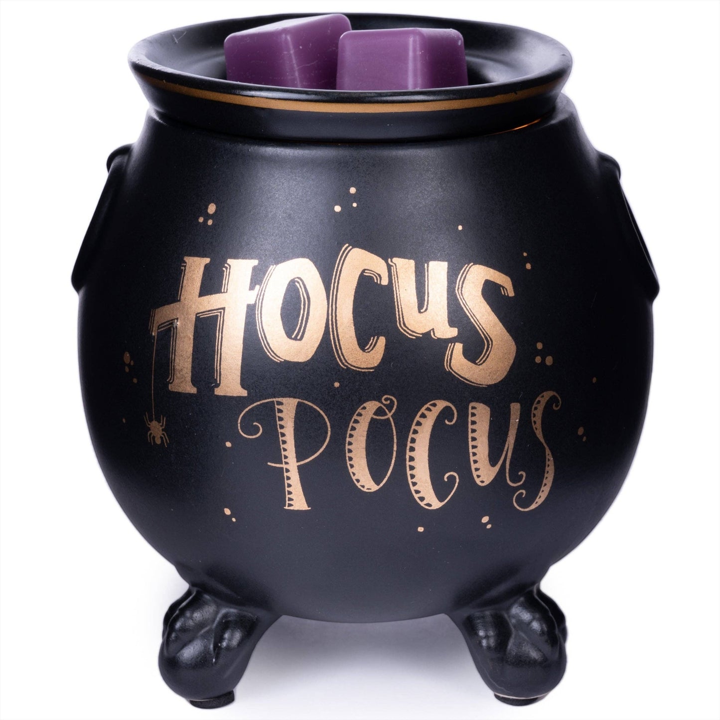 Doodlations Coffee Bar & Boutique matte black ceramic cauldron wax warmer with gold Hocus Pocus lettering and spider.