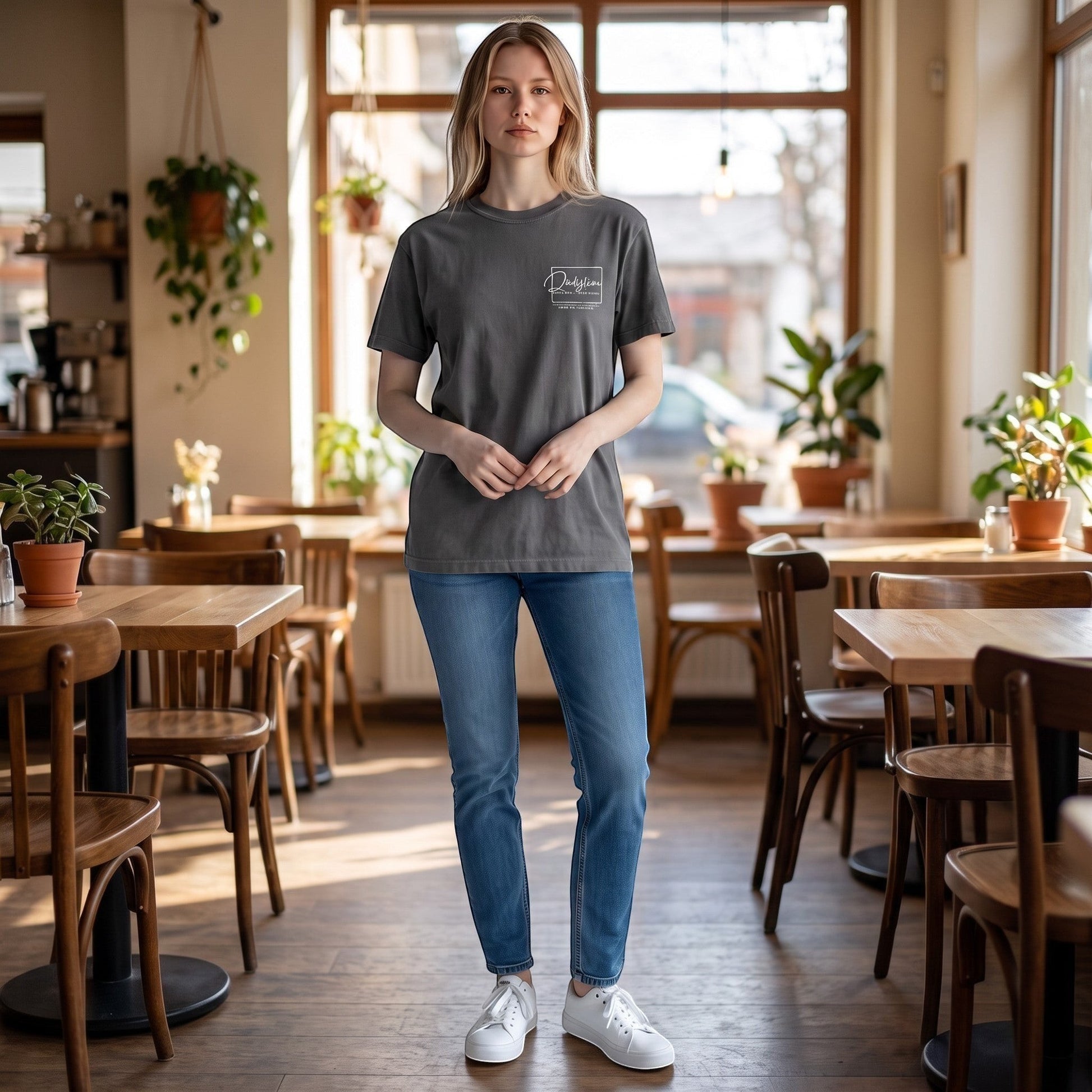 Woman wearing a charcoal grey Doodlations Coffee Bar & Boutique graphic tee with blue jeans in a coffee shop setting.