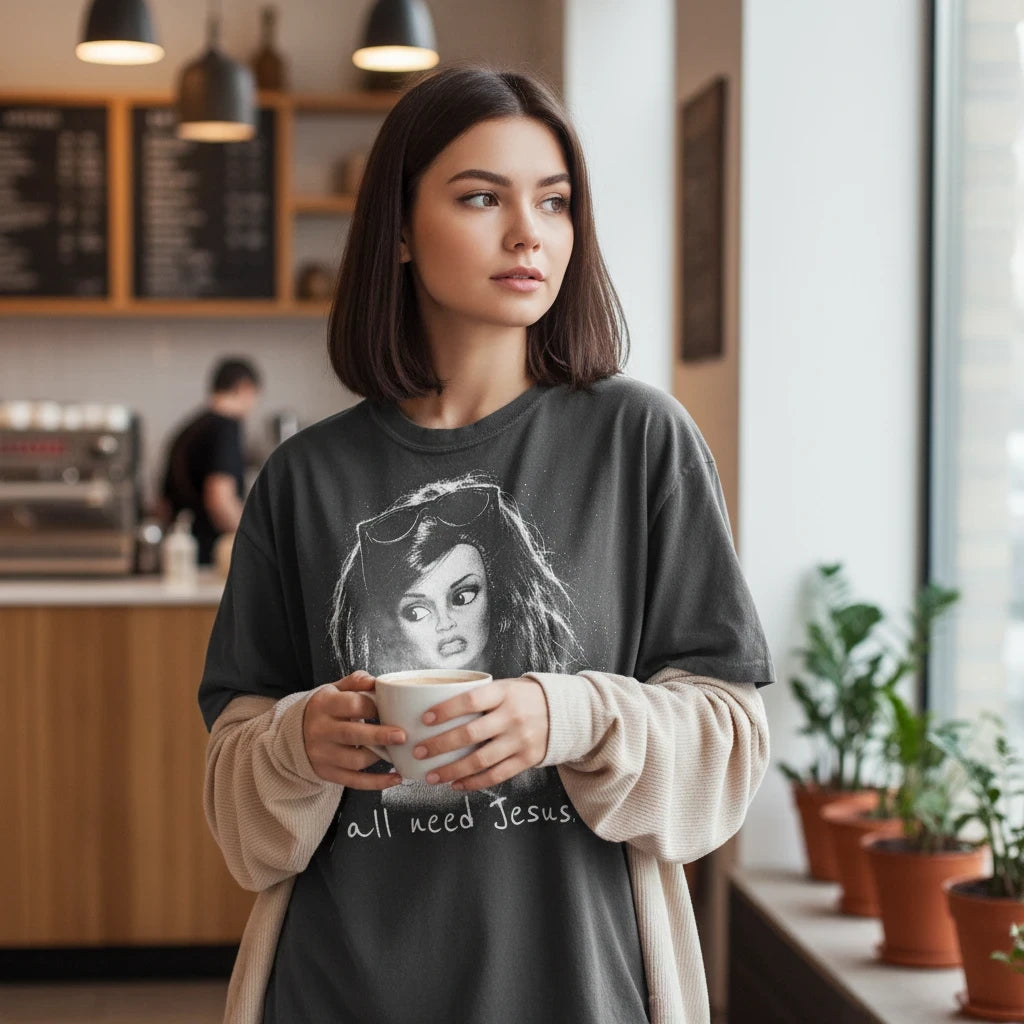 Doodlations Coffee Bar & Boutique charcoal grey graphic t-shirt with Yall Need Jesus print worn by a woman in a cafe