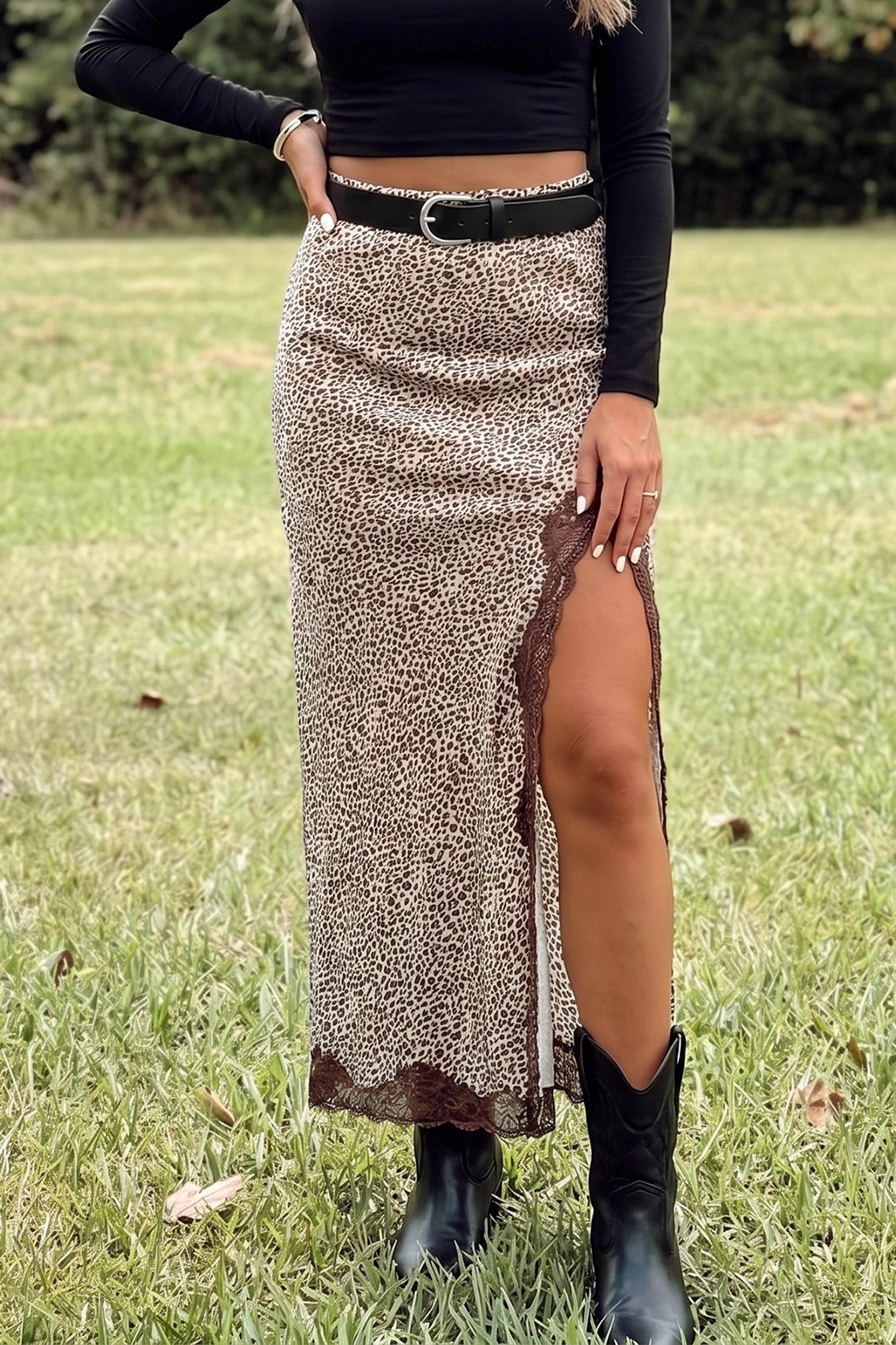 Doodlations Coffee Bar & Boutique brown cheetah print long skirt with lace trim and side split worn with black boots