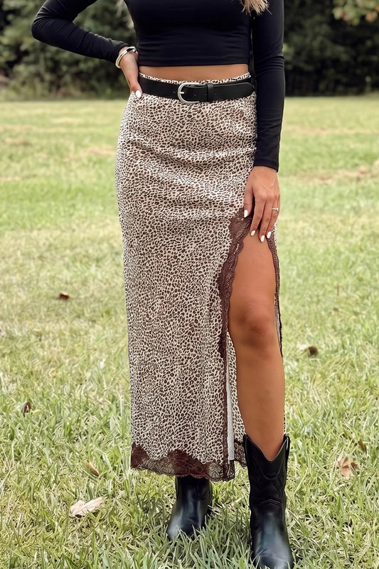 Doodlations Coffee Bar & Boutique brown cheetah print long skirt with lace trim and side split worn with black boots