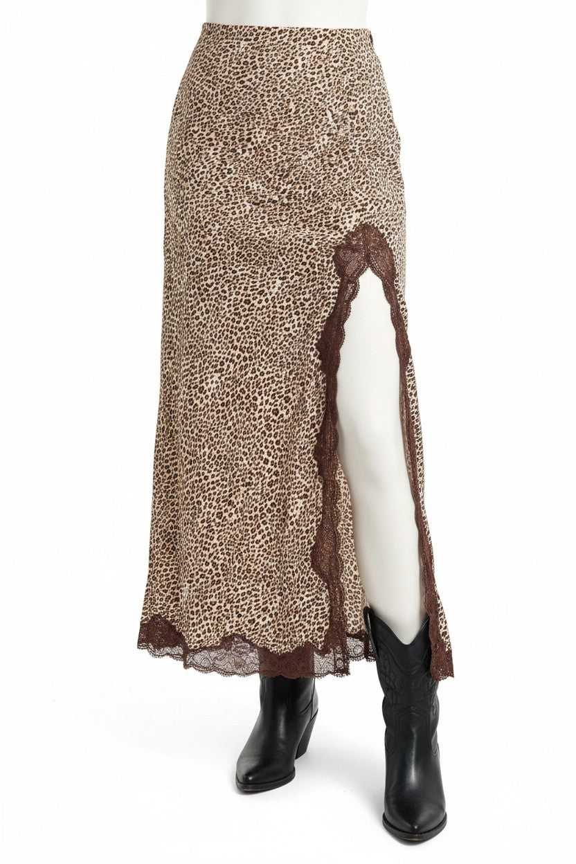 Doodlations Coffee Bar & Boutique long brown cheetah print skirt with a side split and dark brown lace trim detail.