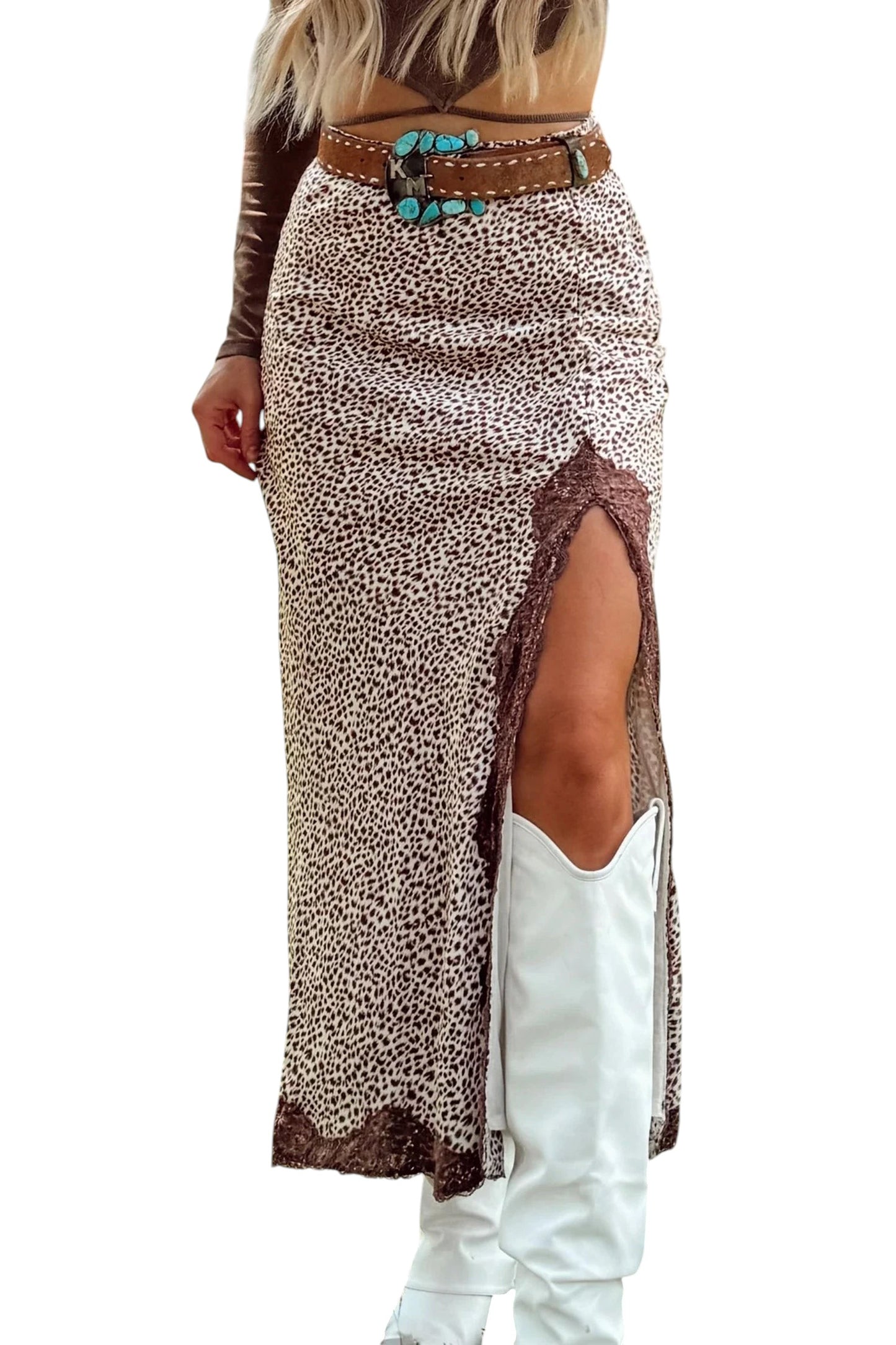 Doodlations Coffee Bar & Boutique brown cheetah print long skirt with lace trim and side split worn with white boots