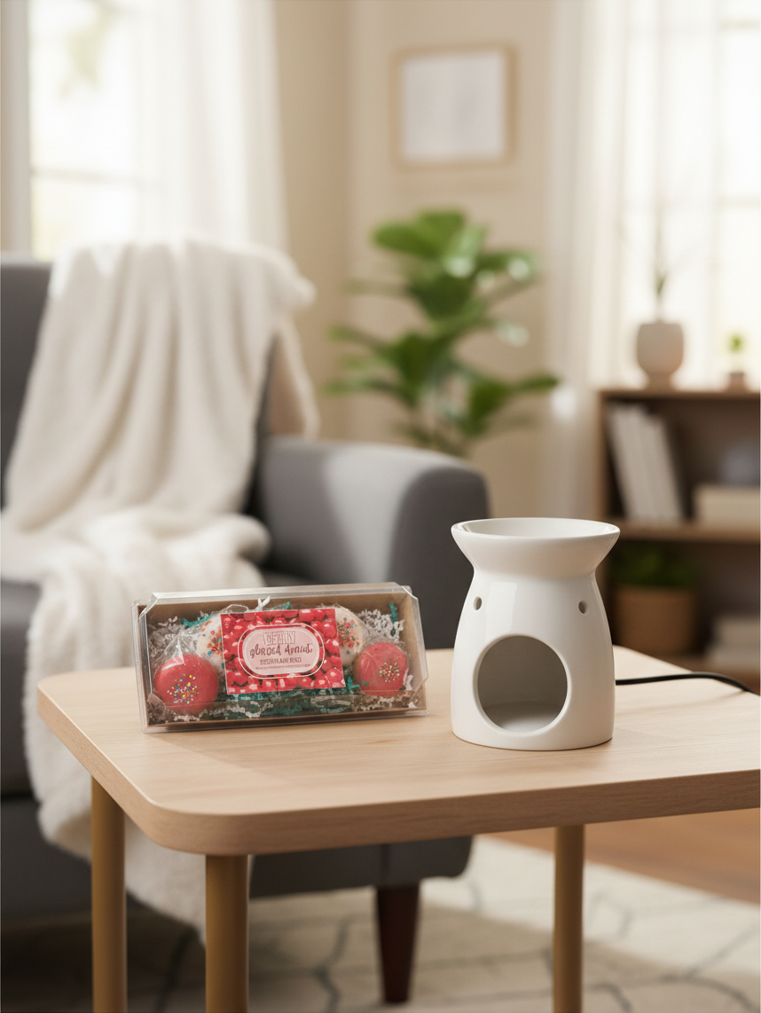Doodlations Coffee Bar & Boutique Cherry Glazed Doughnut wax melts in a clear box next to a white ceramic wax warmer.