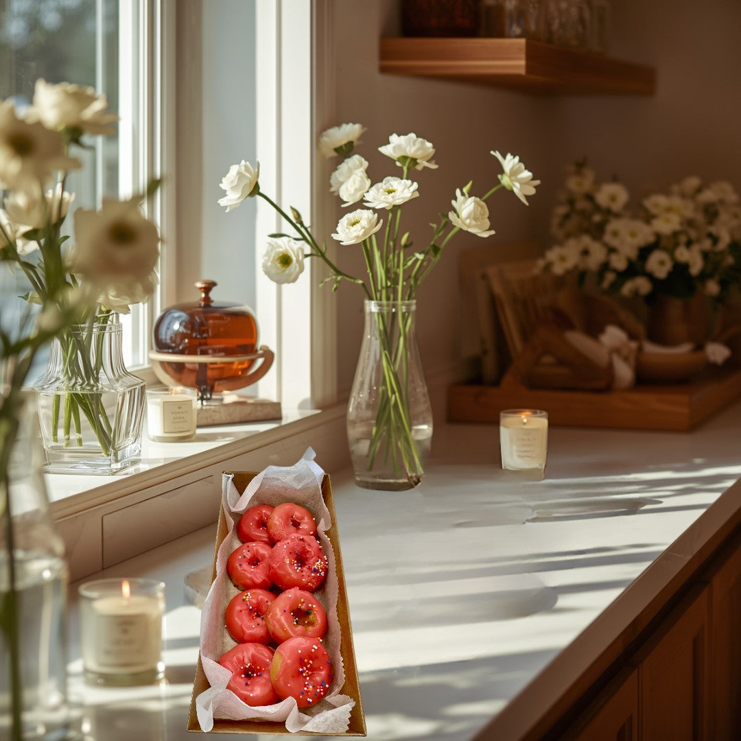 Doodlations Coffee Bar & Boutique cherry glazed doughnut wax melts with pink icing and colorful sprinkles.