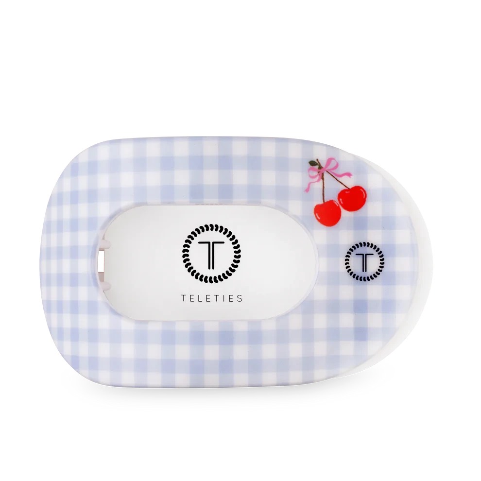 Doodlations Coffee Bar & Boutique Teleties flat round hair clip with blue gingham and cherry design.