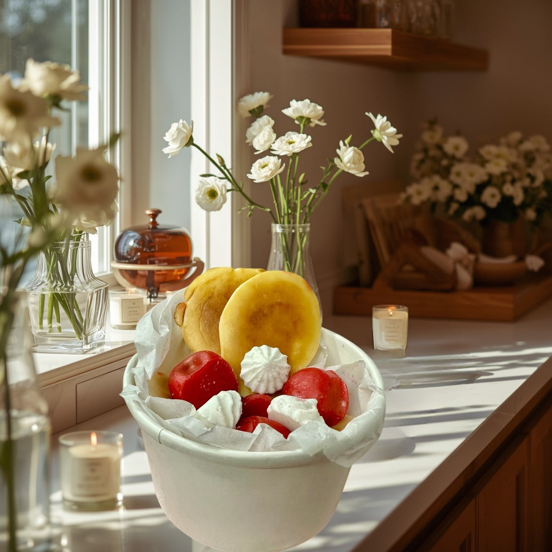 Doodlations Cherry Pancake wax melts shaped like pancakes, cherries, and meringue. Bakery-inspired home fragrance.
