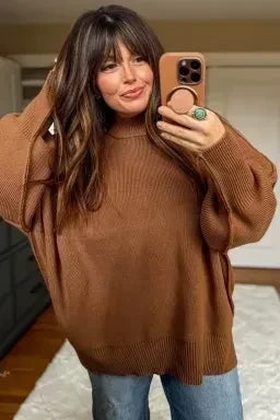 Woman wearing a Doodlations Coffee Bar & Boutique chestnut ribbed knit oversized sweater with long sleeves