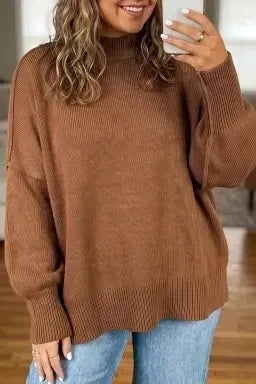 Doodlations Coffee Bar & Boutique chestnut ribbed knit plus size sweater with a relaxed fit and mock neck.