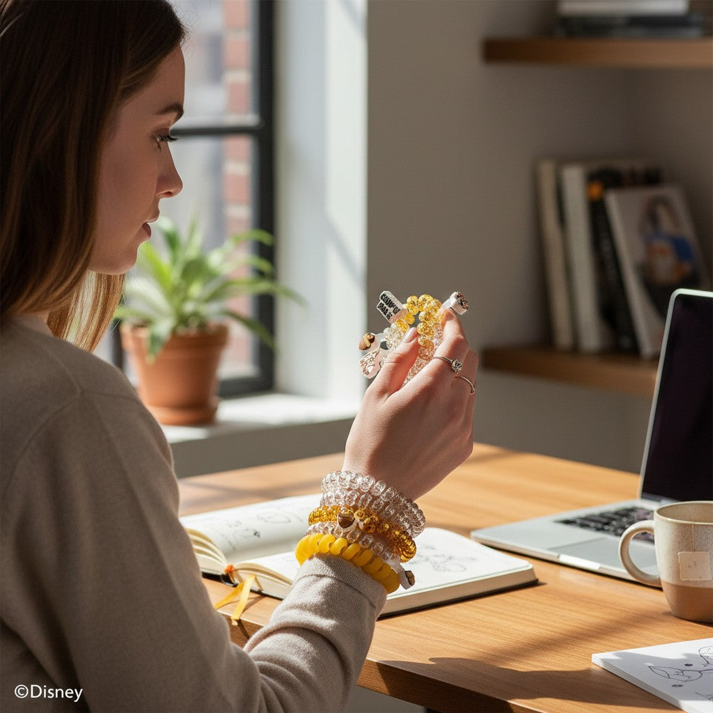 Woman wearing Doodlations Coffee Bar & Boutique Disney Chip 'N Dale hair ties as bracelets while working at a desk.