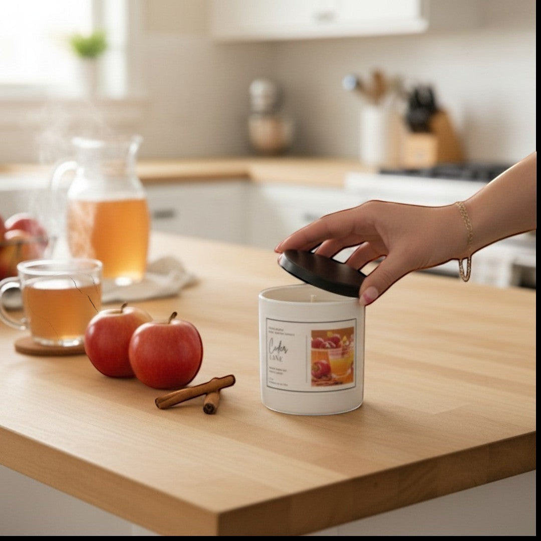 Doodlations Coffee Bar & Boutique Cider Lane luxury boutique candle with warm apple cider scent, hand-poured in an 8oz white ceramic jar.