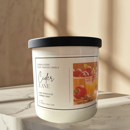 Doodlations Coffee Bar & Boutique Cider Lane cozy scented candle with warm apple cider, cinnamon, and vanilla fragrance.