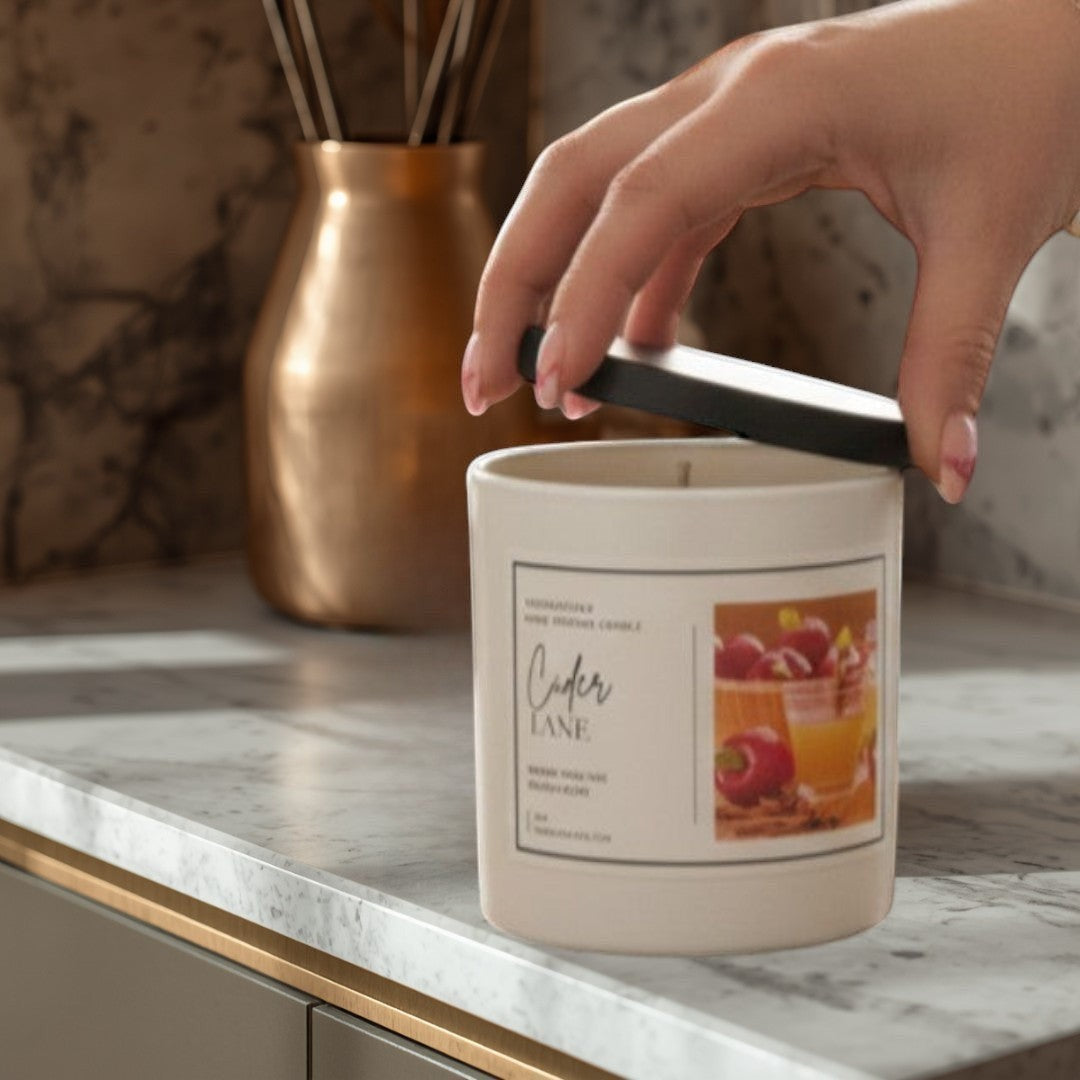 Doodlations Coffee Bar & Boutique Cider Lane hand-poured candle with warm apple cider scent. Cozy home decor.