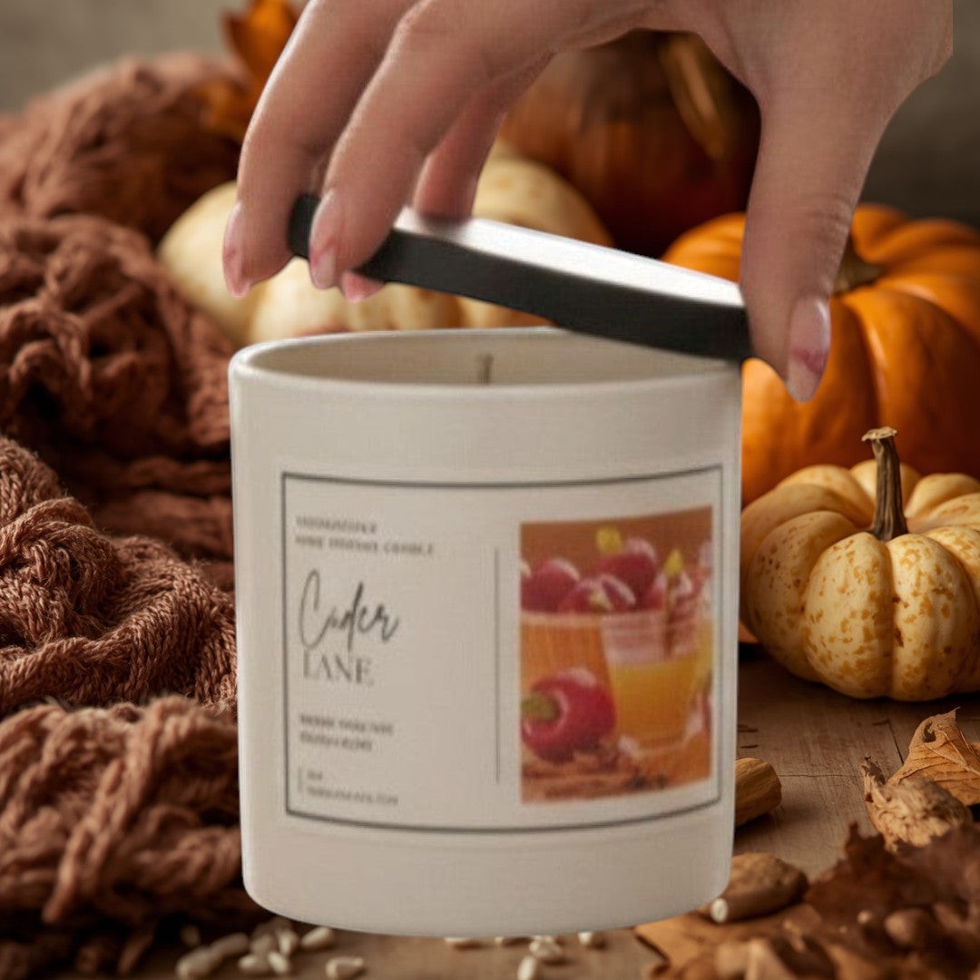 Doodlations Coffee Bar & Boutique Cider Lane luxury boutique candle in a cream ceramic jar with a black lid, featuring a warm apple cider scent.