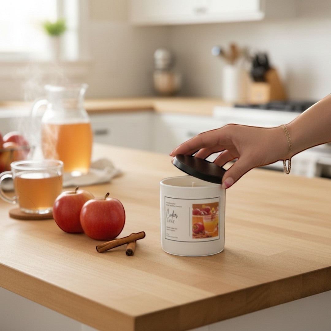 Doodlations Coffee Bar & Boutique Cider Lane candle with apple cider scent, hand-poured in a white ceramic jar.
