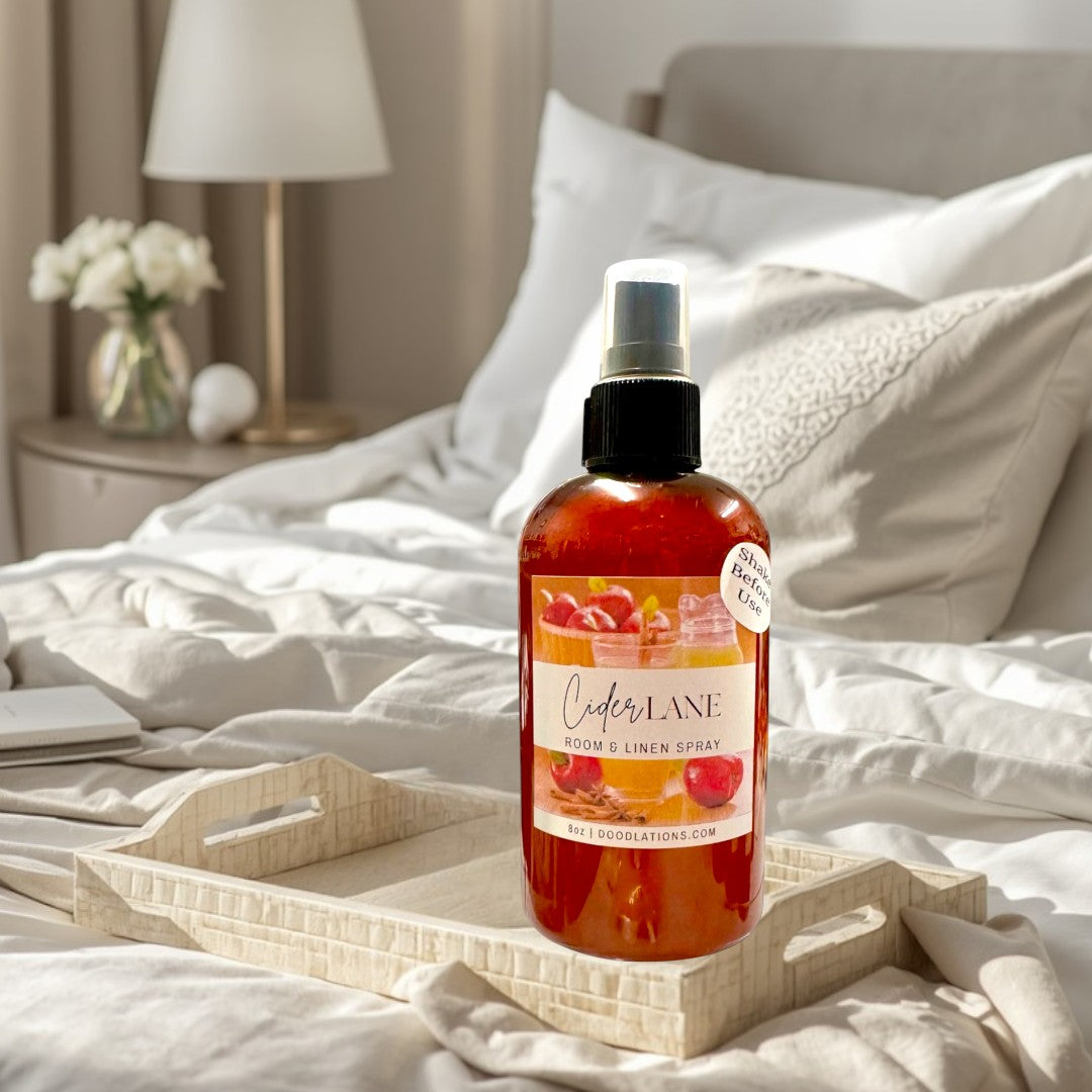 Doodlations Coffee Bar & Boutique Cider Lane Room & Linen Spray bottle with apple and cinnamon imagery. 8oz.