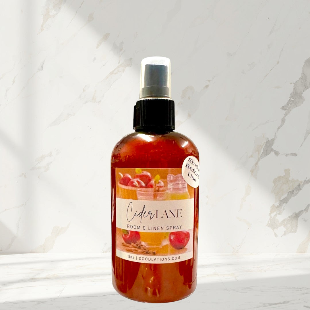 Doodlations Coffee Bar & Boutique Cider Lane Room & Linen Spray bottle with apple and cinnamon design. 8oz.