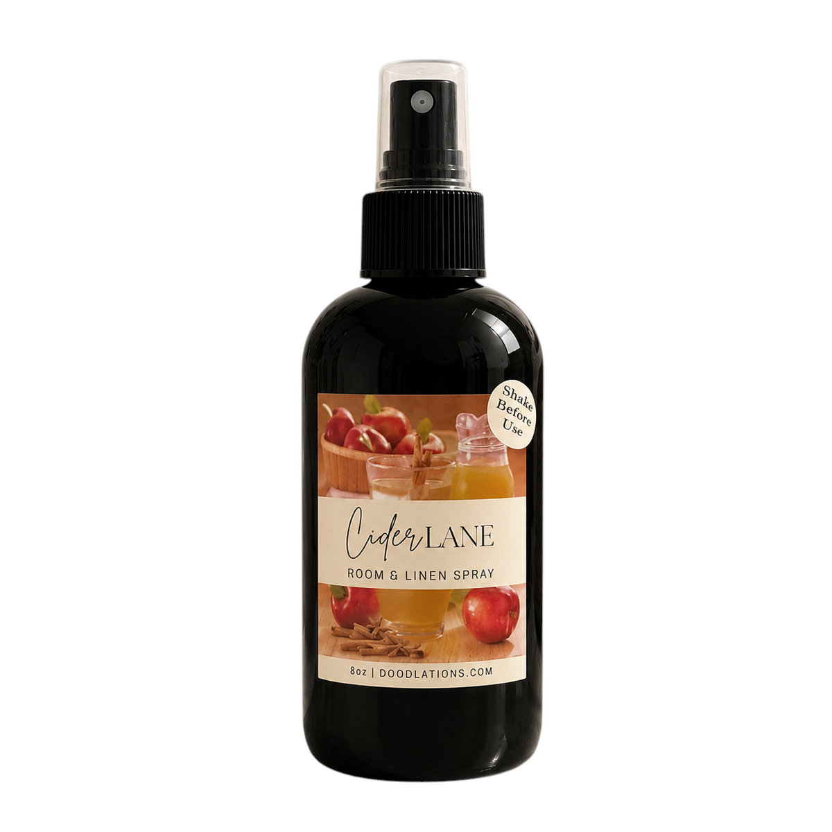 Doodlations Coffee Bar & Boutique Cider Lane room and linen spray in a black 8oz bottle with autumn apple label
