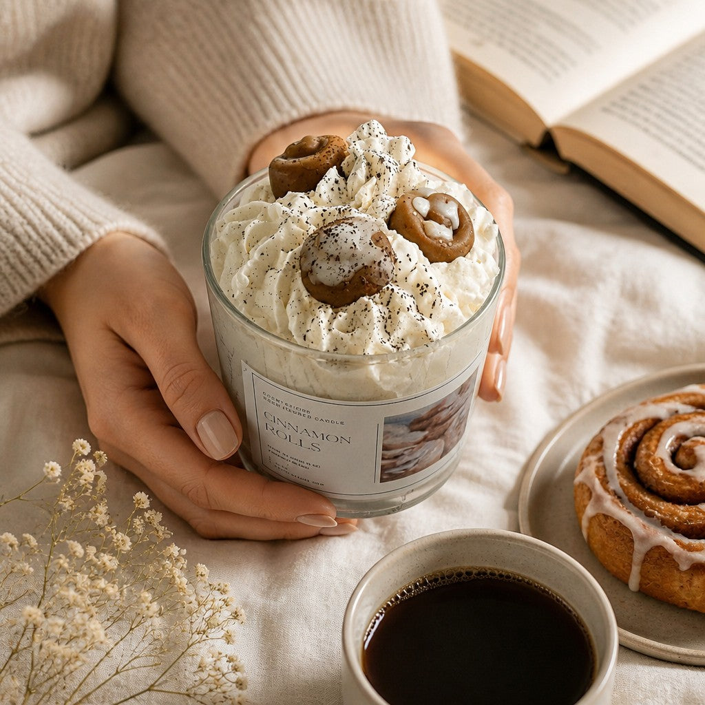 Doodlations Coffee Bar & Boutique cinnamon bun candle with whipped wax topping held in hands on a cozy bed.