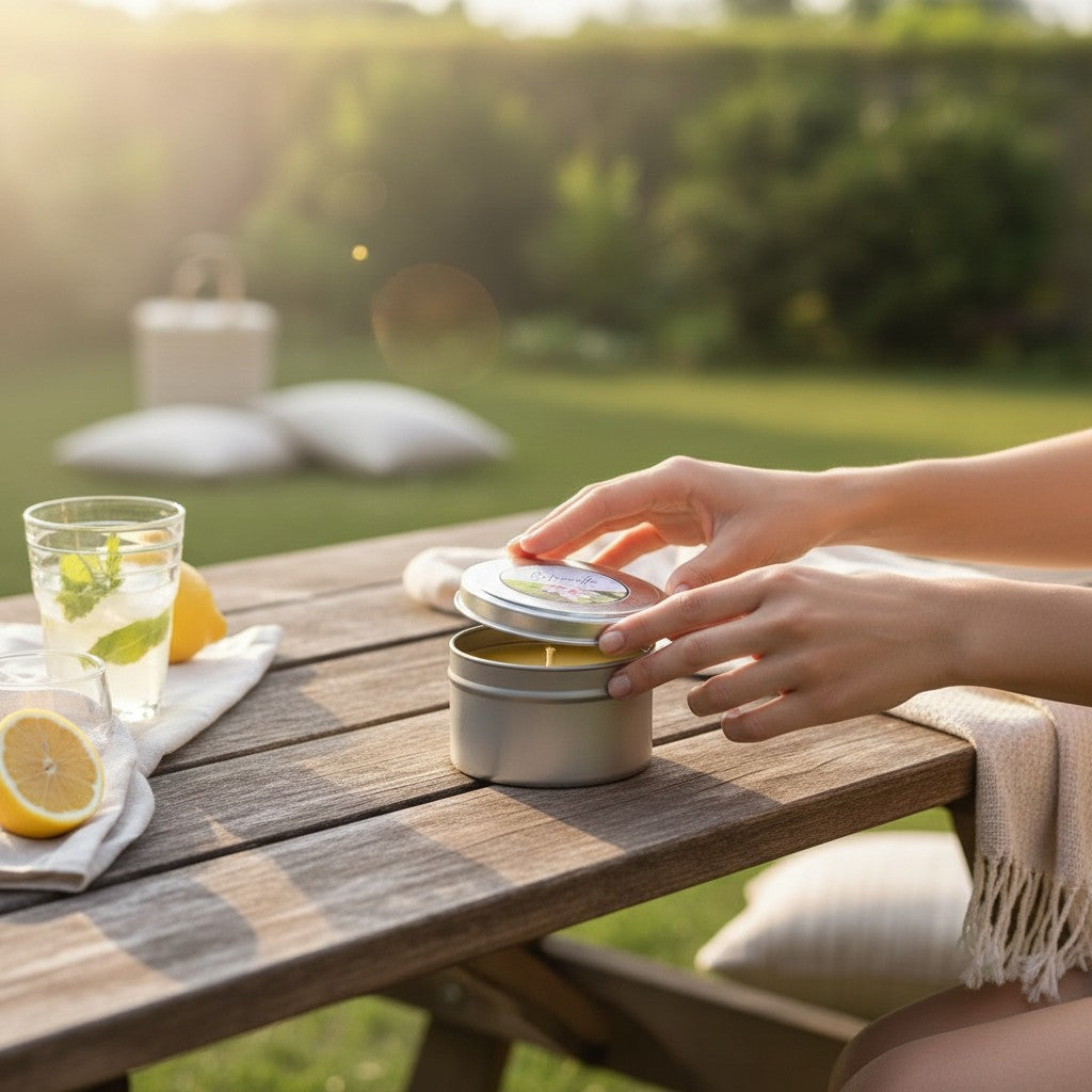 Doodlations Coffee Bar & Boutique citronella candle in a metal tin on a wooden patio table at sunset.