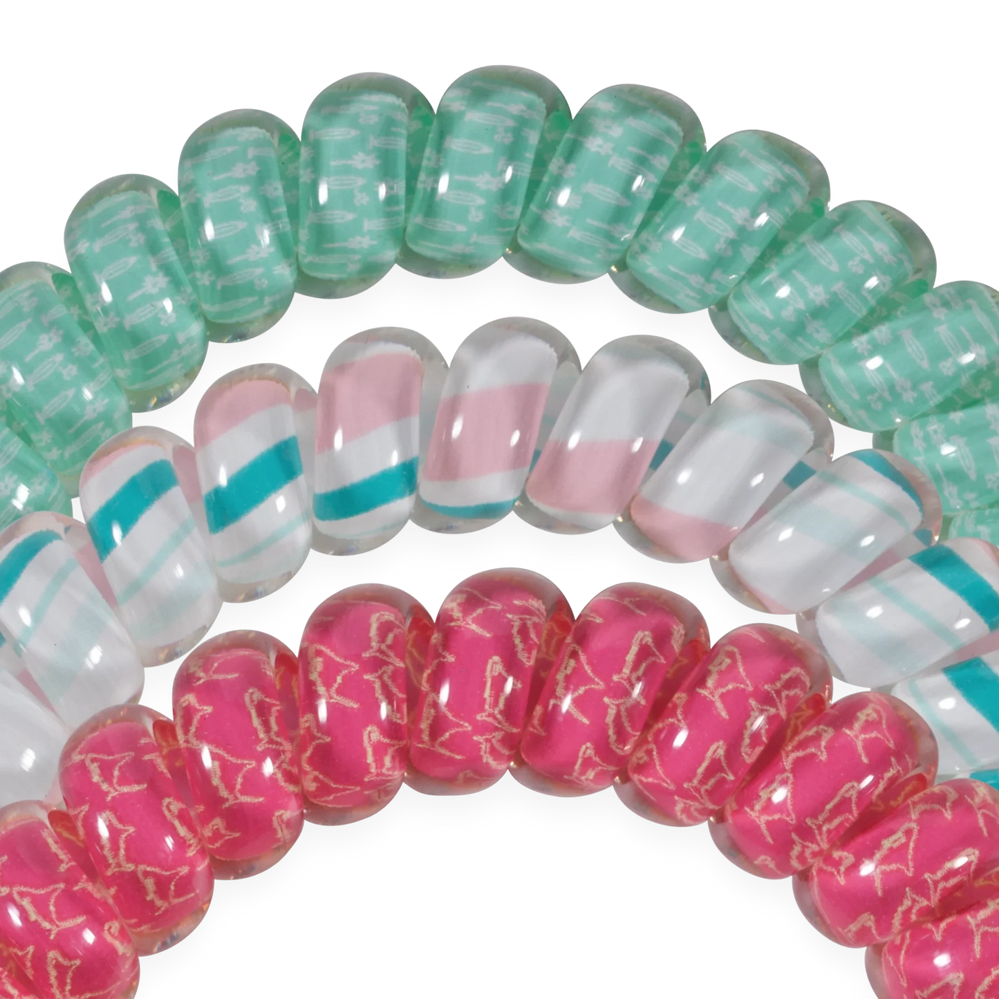 Doodlations Coffee Bar & Boutique coil hair ties in mint green, pink, and striped patterns for a damage-free hold.