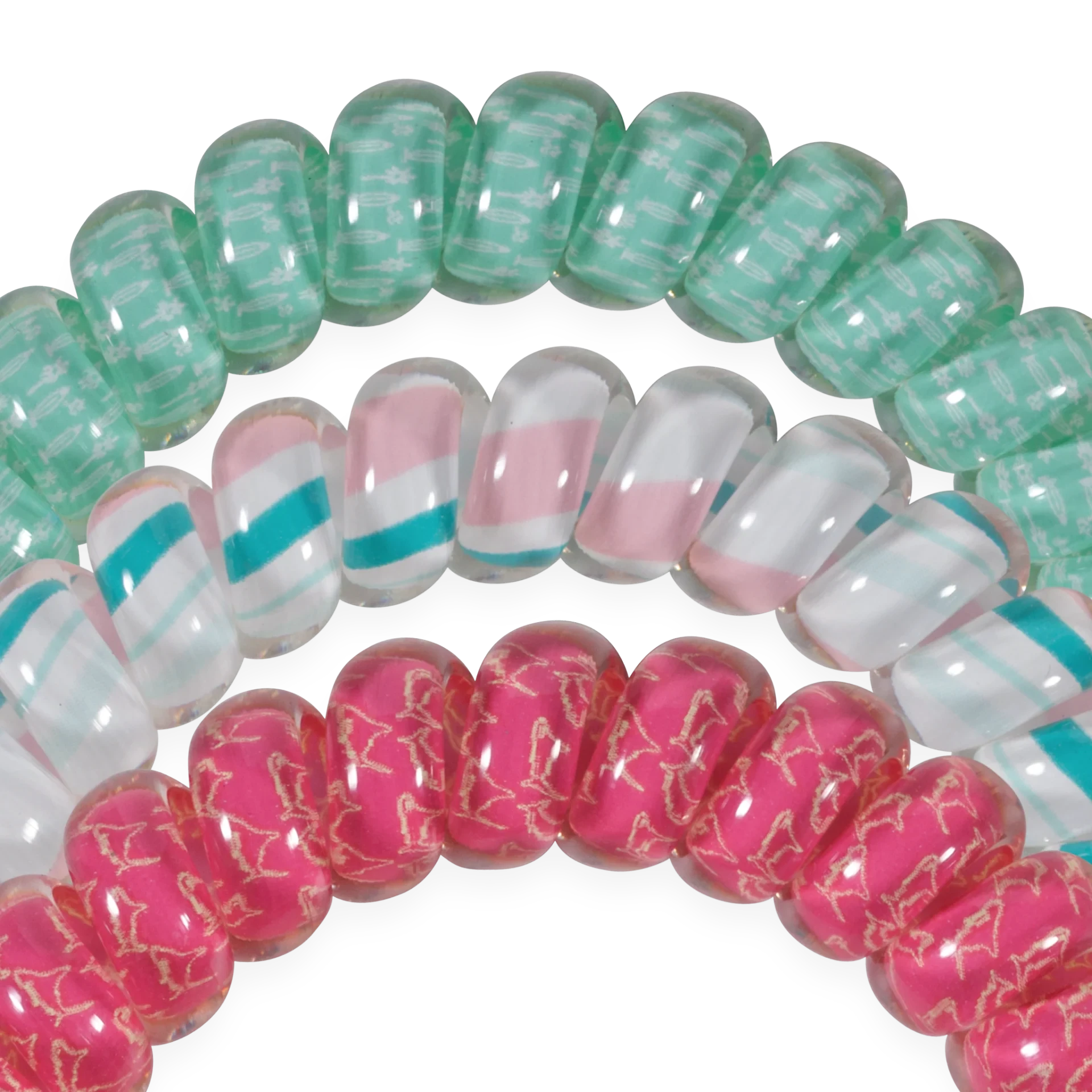 Doodlations Coffee Bar & Boutique coil hair ties in mint green, pink, and striped patterns for a damage-free hold.